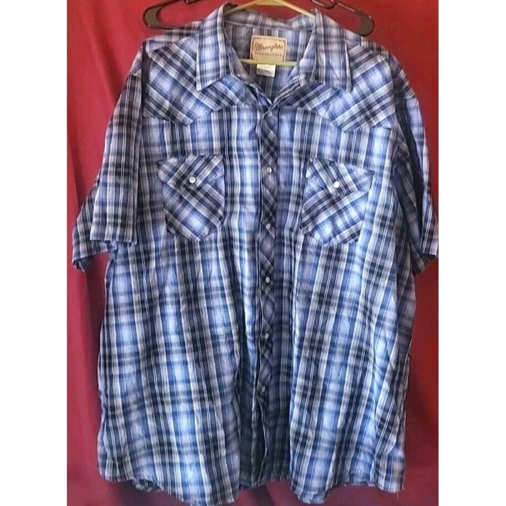 VINTAGE Wrangler Short Sleeve Pearl Snap Shirt Men's 3XL Blue Plaid Western